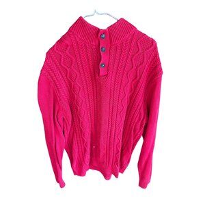 Chaps Red Cable Knit Button Up Sweater L/G 100% Cotton 32k